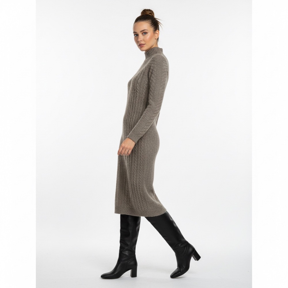 Neutral‎ Cotton Blend Cable Knit Midi Sweater Dress Mock Neck Cozy
